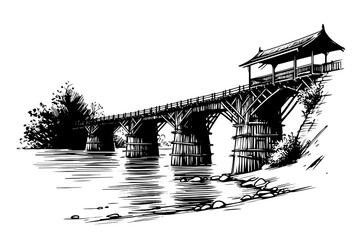 scenic bridge illustration in vintage style - black vector