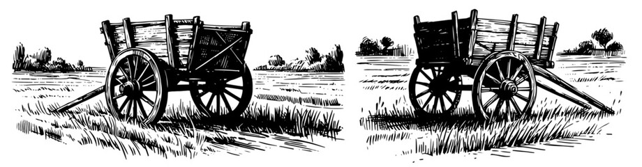 Fototapeta premium Rustic farm wagon with hay – detailed black vector