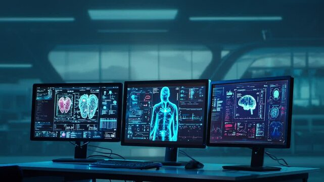 Doctor working at futuristic office, multiple monitors displaying medical images, data and body scans.