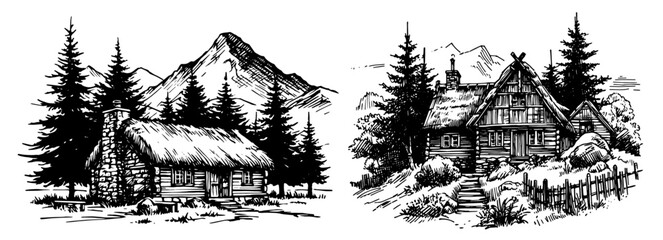 Vintage black vector illustrations of forest cottages – scenic collection