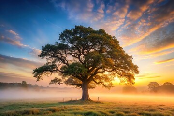 Fototapeta premium A majestic oak tree stands alone in a misty forest landscape at dawn, its gnarled branches stretching towards the sky, misty morning, forest, tree silhouette, bark