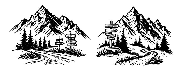 wilderness mountain paths and signposts in nature, black vector illustration