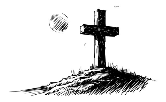 cross on a rocky hill in hand-drawn style, ideal for religious and spiritual themes black vector