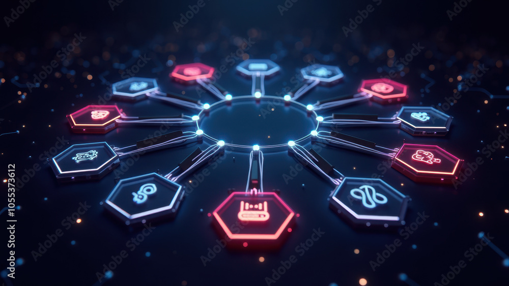 Poster futuristic digital interface with glowing symbols and keys.