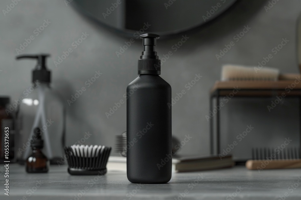 Poster a black bottle sitting alone on a counter with a simple background