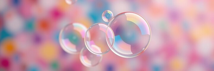 A close-up shot of soap bubbles being blown against a colorful background, vibrant, fun, soap bubbles