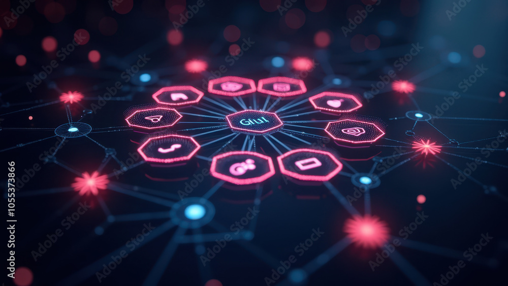 Poster a digital network of bright red nodes connected by white lines, resembling a glowing circuit board o