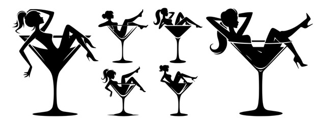 playful illustration of a girl lounging in a margarita glass, perfect for cocktail-themed branding and designs black vector