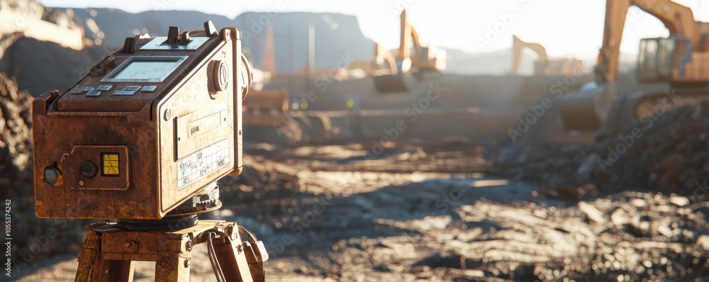 Wall mural close up of survey equipment at iron mine, showcasing rugged terrain and heavy machinery in backgrou