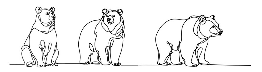 hand-drawn monoline bears in natural poses, black vector illustration