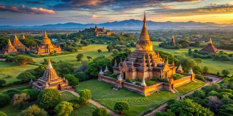Aerial View of Sulamani Temple in Bagan, Myanmar - Majestic Ancient Architecture Amidst Lush Landscape