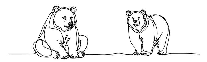 minimalist monoline bear illustrations in sitting and standing poses, black vector