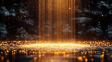 A fountain of golden confetti falling on the  black floor
