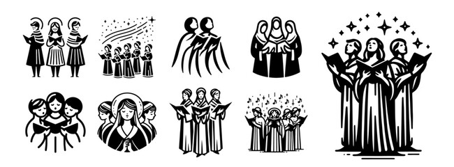 
traditional Christmas choir icons in festive style - black vector