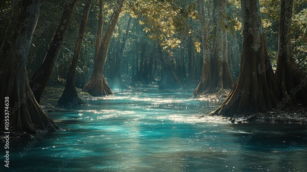 Poster a tranquil river flows through a dense forest, sunlight filtering through the trees creating a magic