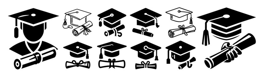 academic achievement symbols with caps and diplomas, black vector set