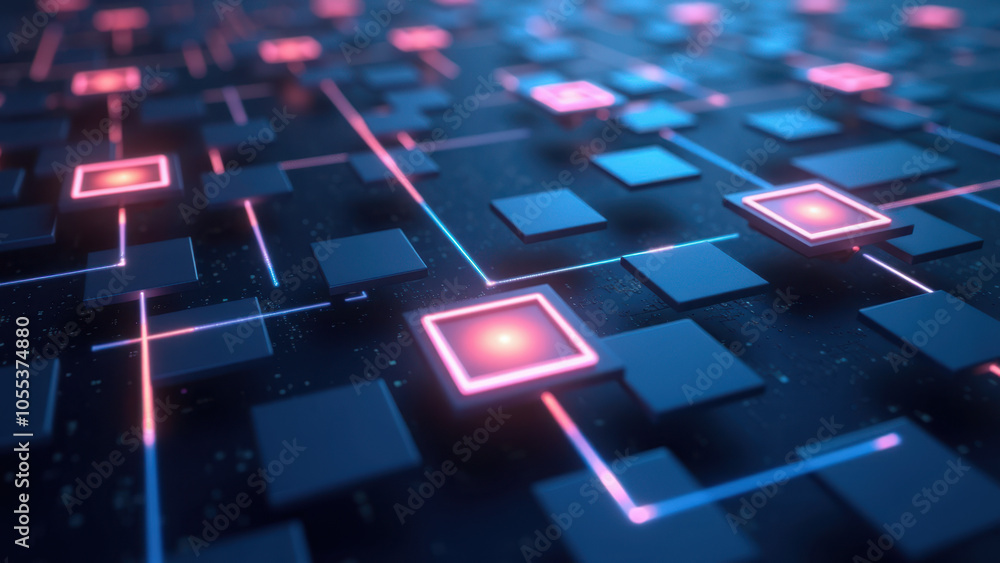 Poster neon grid with illuminated squares and paths.