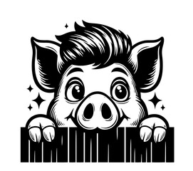expressive pig faces close-up, detailed black vector artwork