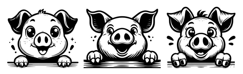 cute pig faces with cheerful expressions, black vector set