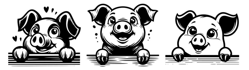 adorable pig heads peeking over edge, black vector illustration