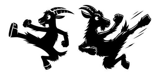 Obraz premium black vector of cartoon goats performing kicks, dynamic and playful
