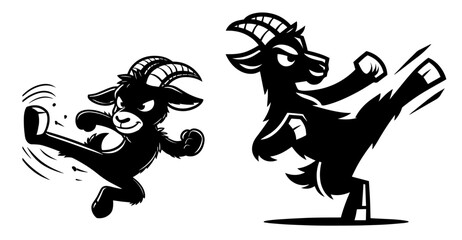martial arts goats in action poses, cartoon style black vector