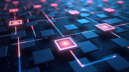 Neon grid with illuminated squares and paths.