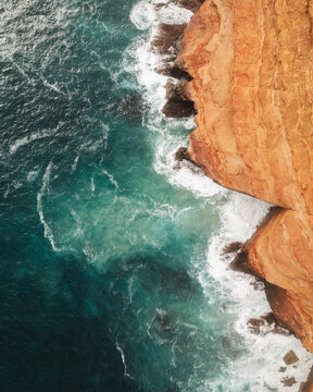 Aerial view of beautiful Shell House at Nancy Beach with rugged cliffs and turquoise ocean, Kalbarri National Park, Western Australia, Australia.