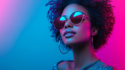 Obraz premium Confident Woman With Curly Hair And Round Sunglasses In Neon Lighting