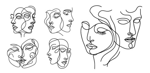 Modern face profile in continuous line art – abstract black vector collection
