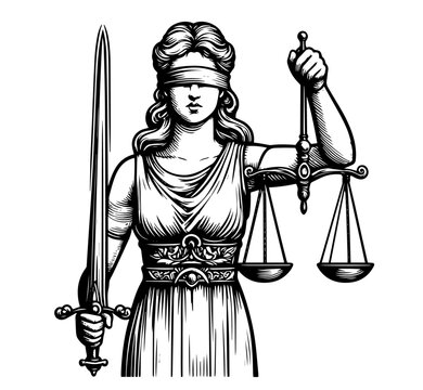 modern line art of themis with scales and sword, emphasizing law, balance, and impartiality black vector