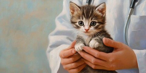 Veterinarian examining a small kitten with care, with a clean and friendly clinic background