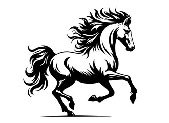 powerful running horse with flowing mane, black vector art