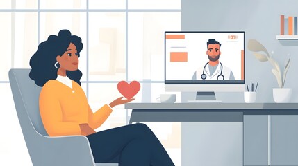 A Black woman in a bright sweater attending a virtual doctor's appointment.