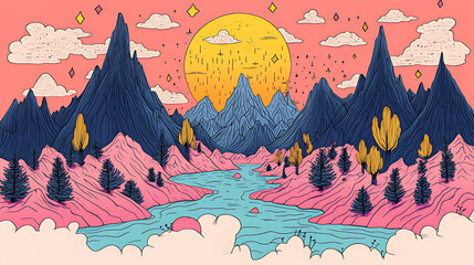 Fototapeta premium A whimsical illustration of a landscape with mountains, a river, and a setting sun.