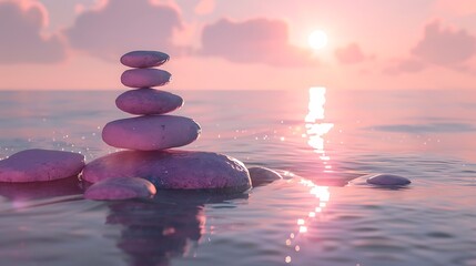 Stack of pink stones podium in calm ocean with evening sun with horizon tranquil scenery