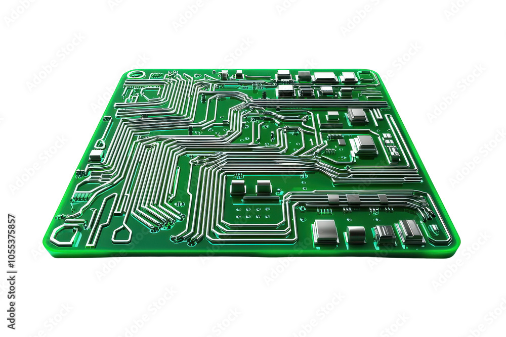 Poster close-up of a green electronic circuit board showcasing intricate pathways and components, represent
