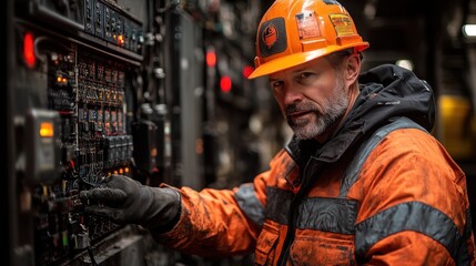 Industrial Worker Adjusting Electrical Panel in a Dimly Lit Environment