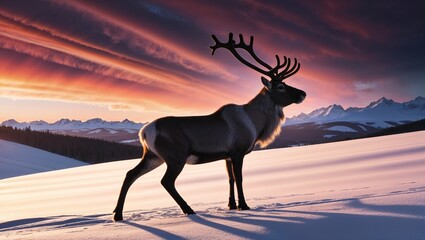 Majestic reindeer standing on snowy landscape during sunset
