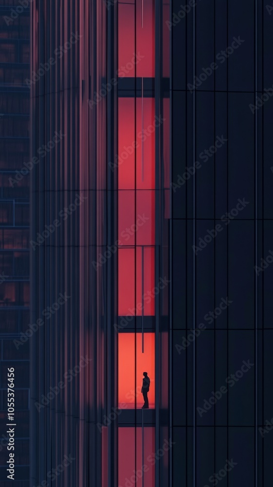 Poster A man is standing in a window of a tall building