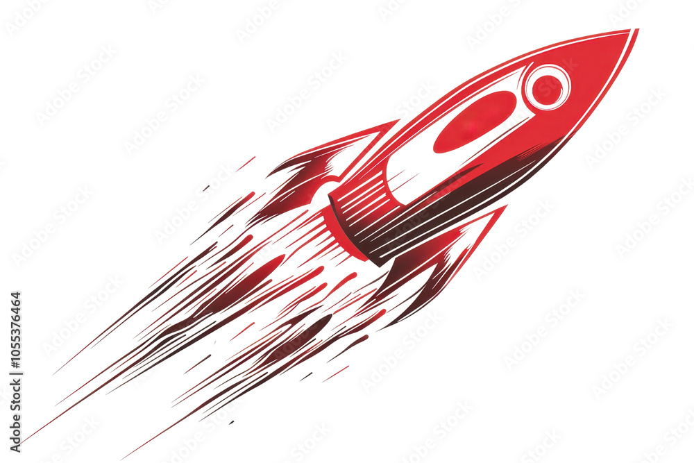 Poster illustration of a red rocket soaring through space with flames trailing behind, symbolizing speed, i