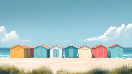 Vibrant Row of Colorful Beach Huts Along Serene Coastline Beneath Clear Blue Sky