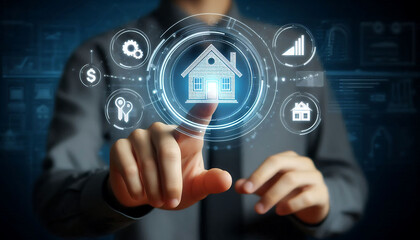 Man touches virtual house icon for mortgage loan analysis. Real estate investment, interest rate, business planning concept.
