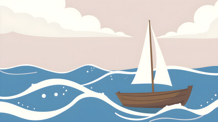 Simple sailboat on waves illustration. Generative AI