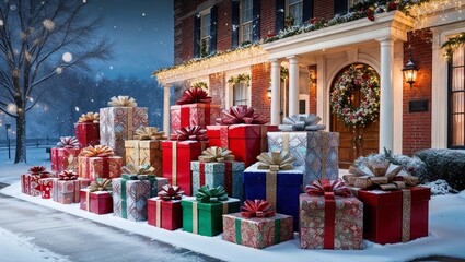 Colorful Christmas gift boxes arranged on a snowy porch in front of a festive decorated house
