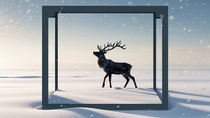 Reindeer framed in a snowy landscape with a modern artistic touch and winter ambiance
