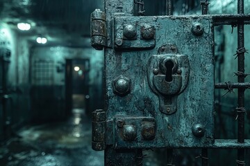 Rusty Metal Gate with Keyhole and Barbed Wire