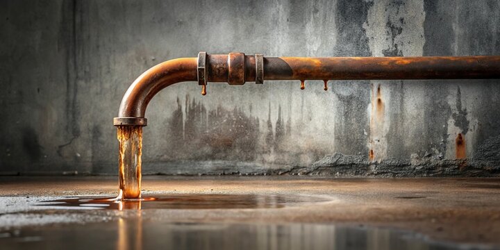 A murky brown liquid drips slowly from a rusty pipe on a cold gray concrete floor, corrosion, urban decay, abandoned infrastructure, metallic smell