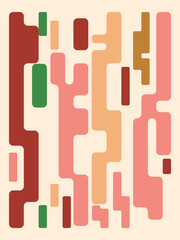 This image features an abstract geometric pattern with interconnected shapes in earth tones of red, green, peach, and brown. The design is modern and visually engaging, perfect for backgrounds or arti