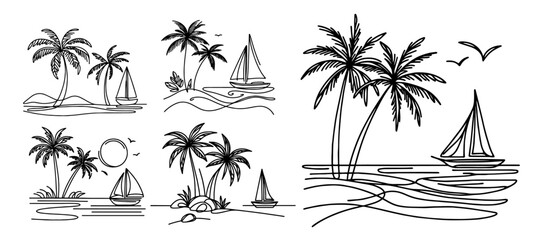 black vector illustrations of island paradise with palms and boats